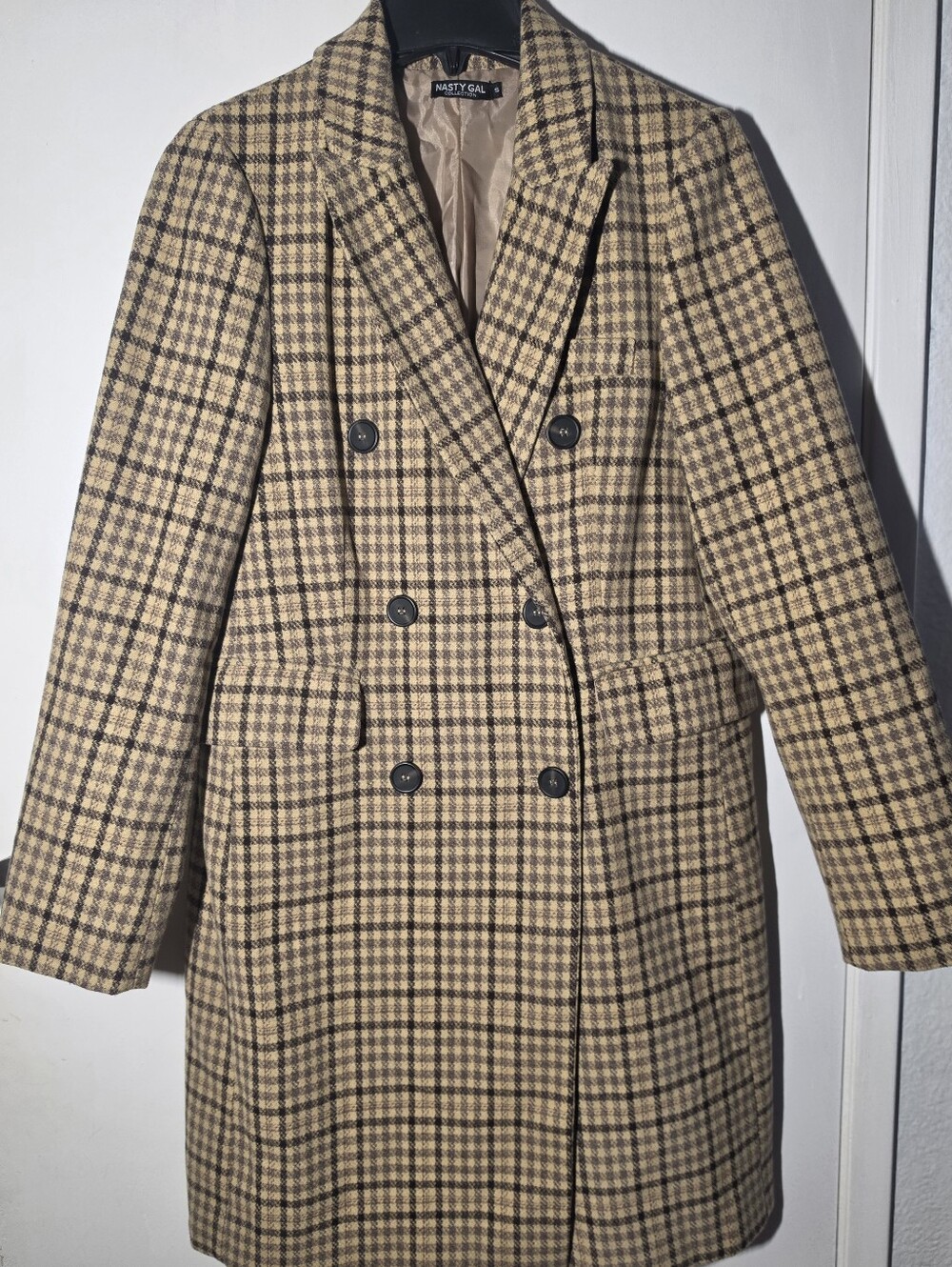 Nasty Gal Tan and Black Plaid Double-Breasted Pea Coat